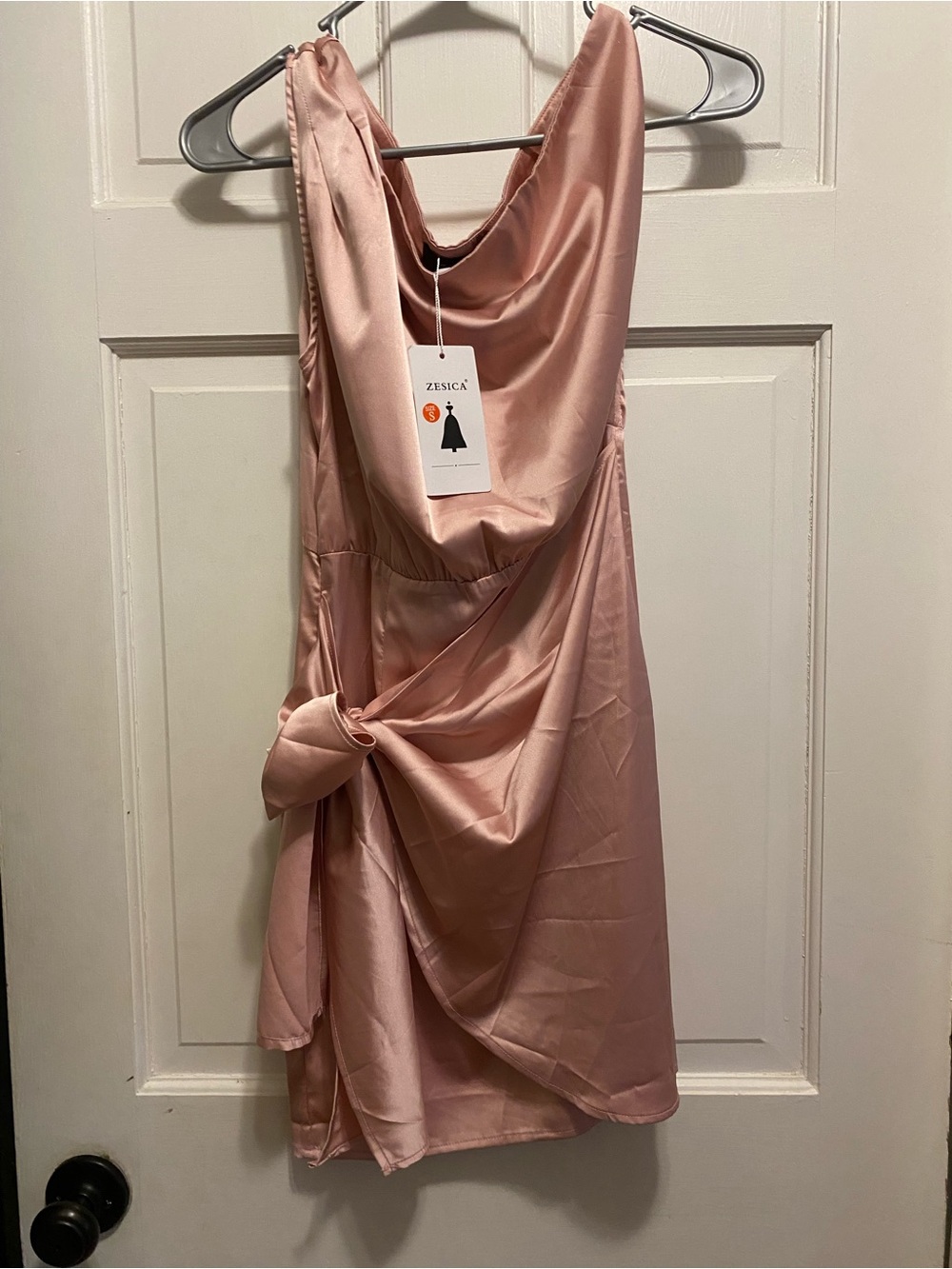 Pink Satin Draped Tie-Waist Dress